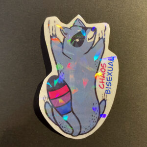 Raccoon illustration with bisexual pride colors on tail